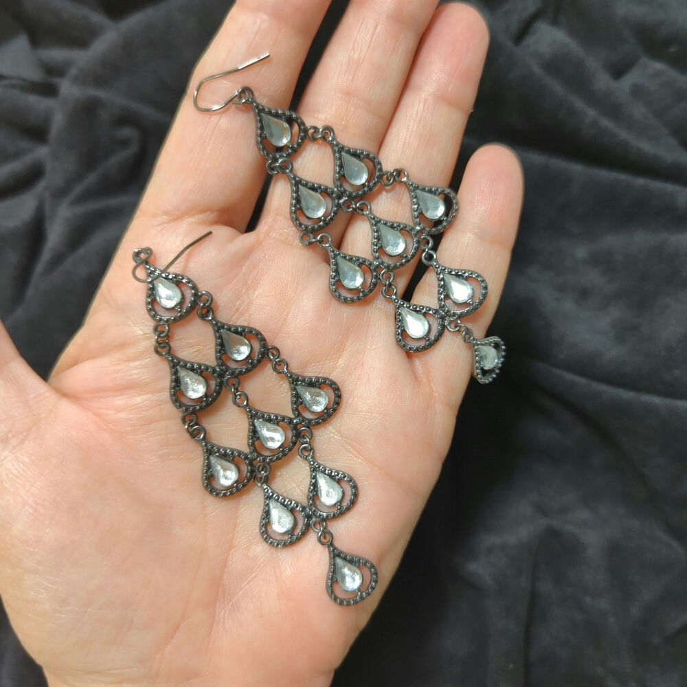 Chandelier Drop Earrings French Hook Rhinestones Black Goth Punk Glam Whimsigoth